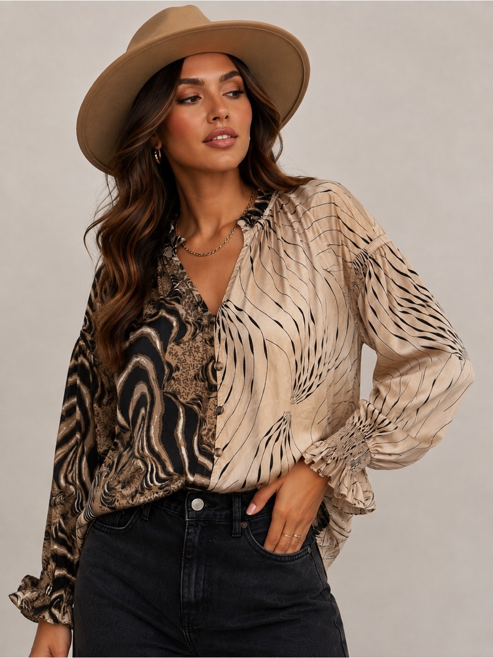 entro Mixed-Print Button Down Shirt in Beige and Black
